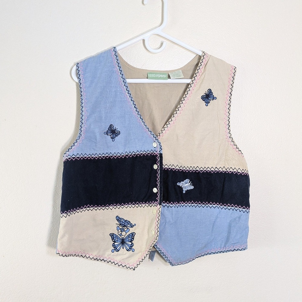 90s Vintage Cotton Patchwork Vest Butterfly Embroidery Boho Cottagecore L